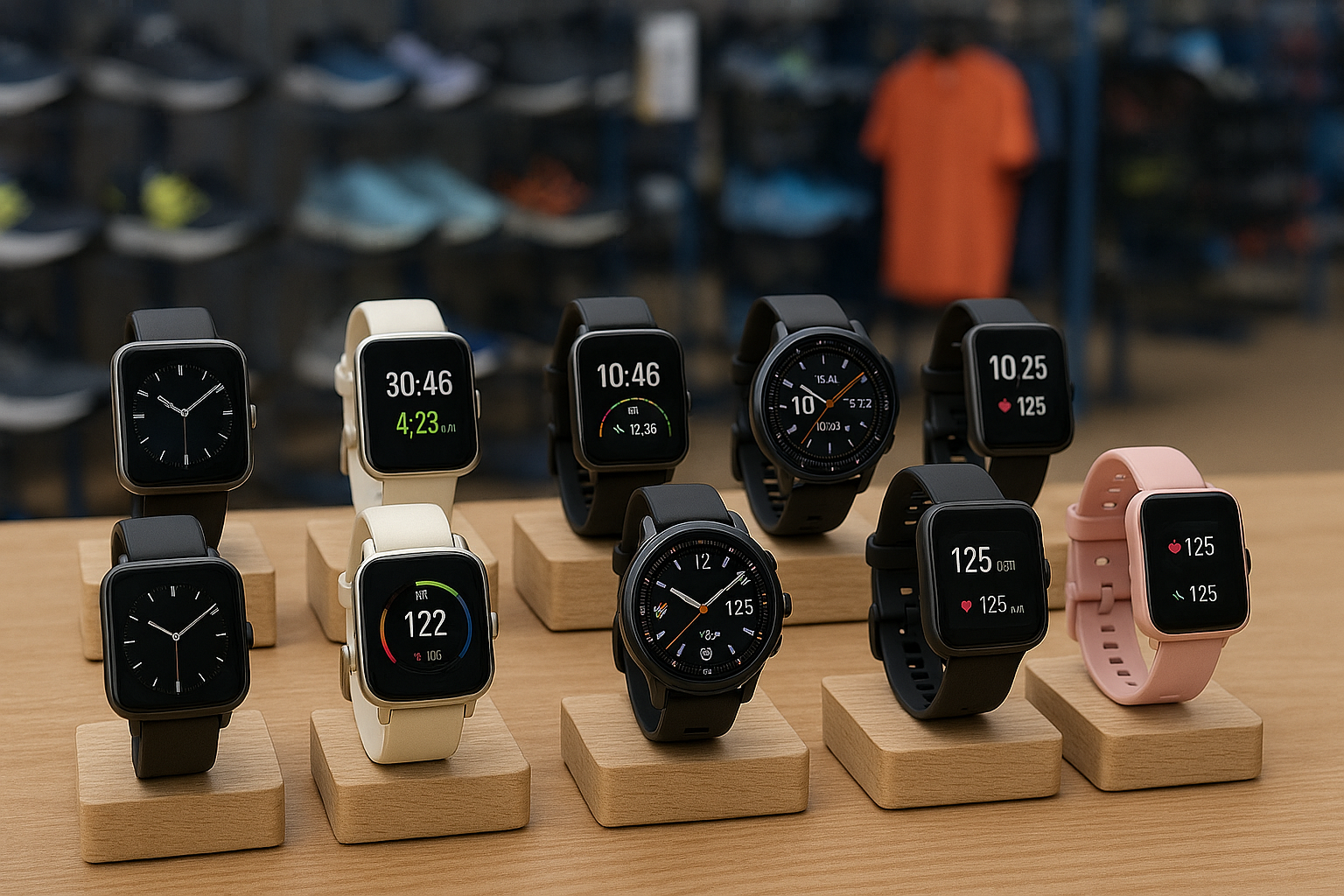Relógio corrida barato GPS 2025: Xiaomi Redmi Watch 4, Huawei Watch Fit Special, Zeblaze Stratos 2, Amazfit Bip 5 e Amazfit Bip 3 Pro lado a lado, destacando GPS integrado, bateria longa e excelente custo‑benefício para treinos e uso diário.