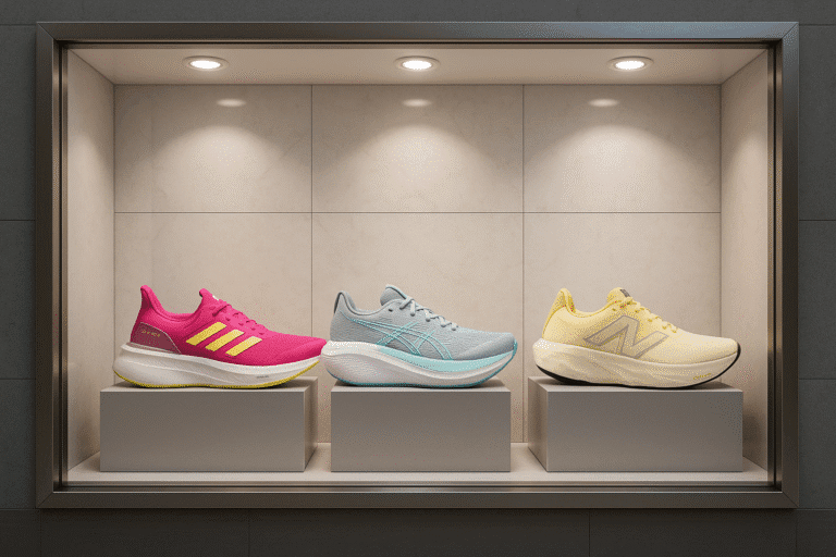 Seleção de tênis de corrida feminino 2025: Adidas Ultraboost 5, Asics Gel-Nimbus 27 e New Balance Fresh Foam X 1080 V14, para conforto e performance
