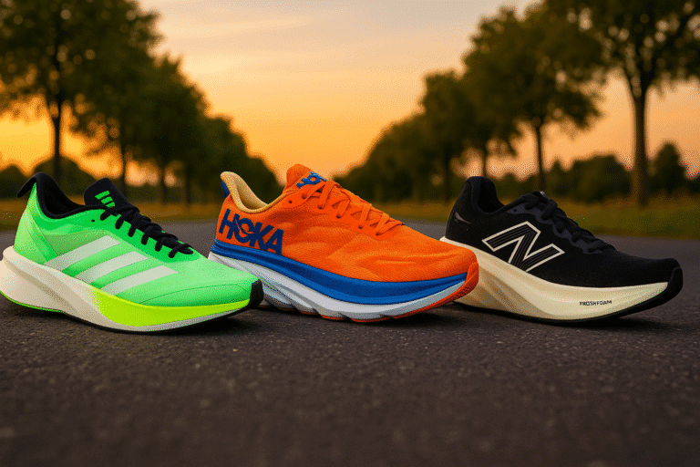 Três melhores tênis corrida 21km 2025: Adidas Adizero Drive RC, Hoka Clifton 9 e New Balance Fresh Foam X More v5 com melhor custo-benefício