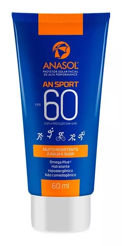 Protetor solar Anasol Color Sport FPS 60, com cor leve e alta proteção UVA/UVB, resistente à água e ao suor, embalagem de 120g