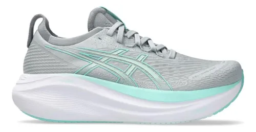 Tênis de corrida Asics Gel-Nimbus 27 feminino, com destaque para a entressola de amortecimento PureGEL e FF BLAST PLUS ECO.