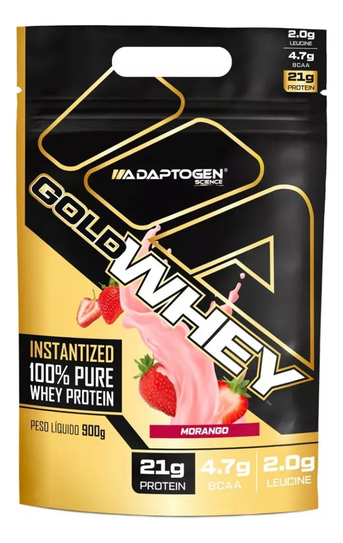 Whey Protein Concentrado Gold Whey sabor morango da marca Adaptogen Science, ideal para recuperação muscular de corredores