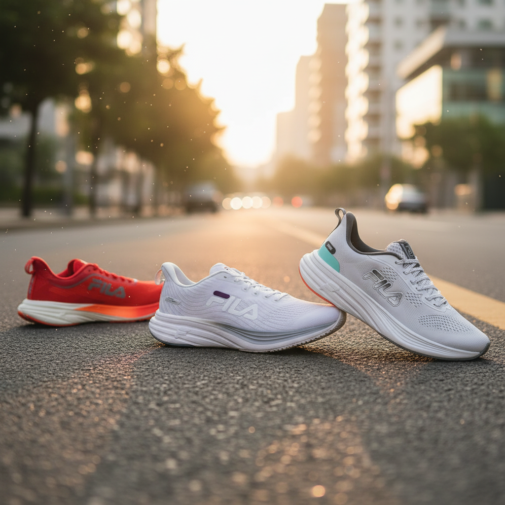 Tênis Fila de entrada 2025 até R$ 400 KR6 Frame, Racer Curve 2 e Stride lado a lado, destacando resposta, leveza e conforto para corrida e caminhada”