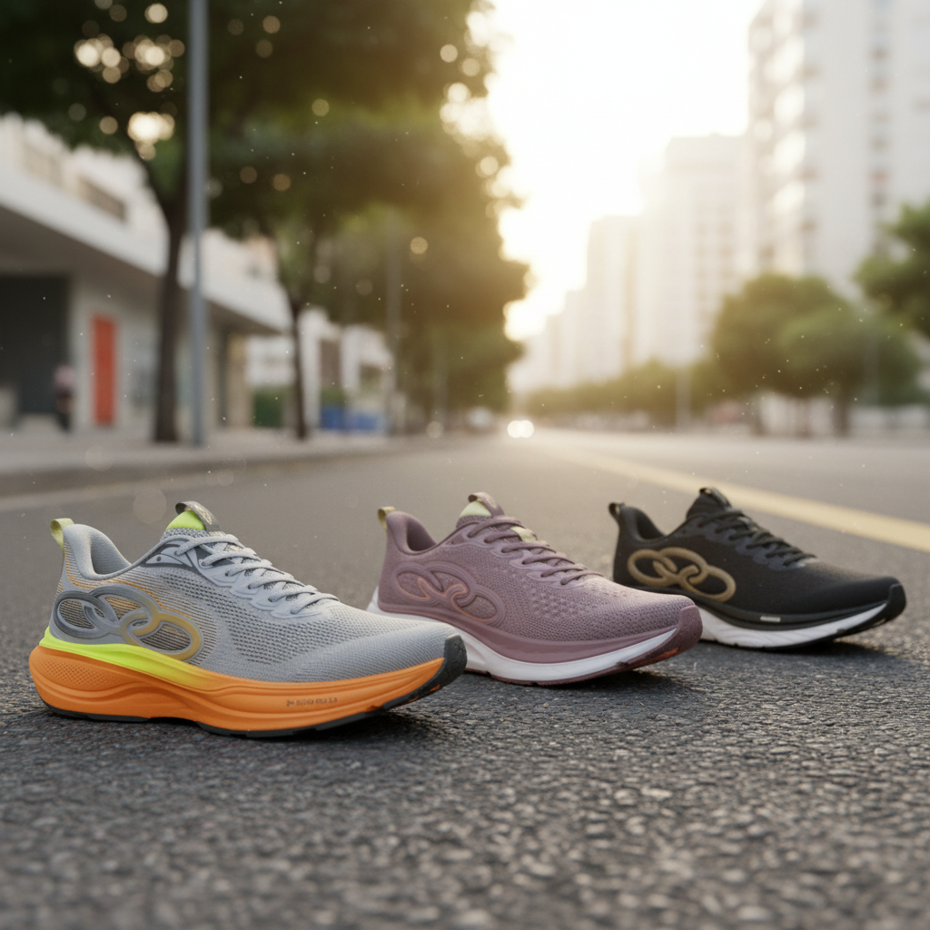Olympikus Challenger 5, Voa 3 e Corre Pride 4 lado a lado, destacando conforto estável, leveza responsiva e maciez para treinos e rodagens — tênis de entrada Olympikus 2025