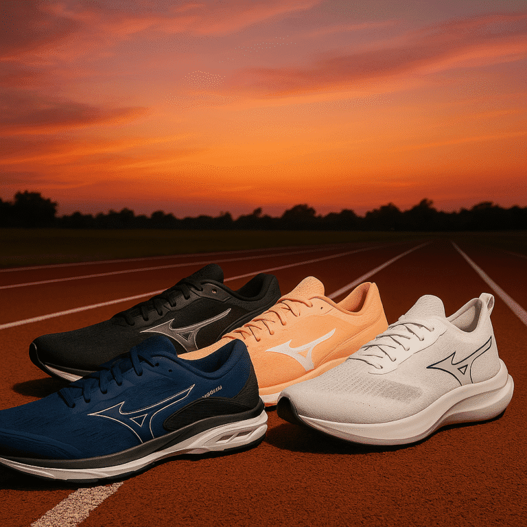 Mizuno Wave Zest 2, Wave Falcon 4, Mizuno Oracle e Wave Dynasty 6 lado a lado, destacando leveza, estabilidade e maciez para corrida e caminhada; cabedal em mesh respirável e amortecimento confortável; tenis de entrada da mizuno em 2025