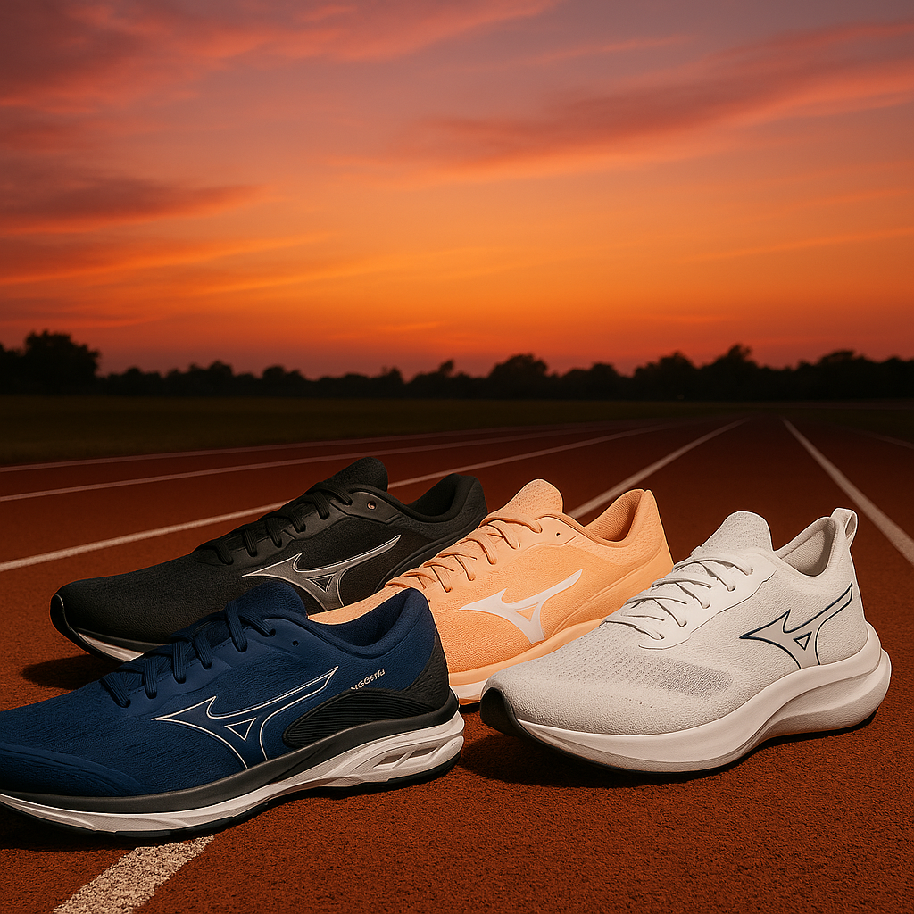 Mizuno Wave Zest 2, Wave Falcon 4, Mizuno Oracle e Wave Dynasty 6 lado a lado, destacando leveza, estabilidade e maciez para corrida e caminhada; cabedal em mesh respirável e amortecimento confortável; tenis de entrada da mizuno em 2025