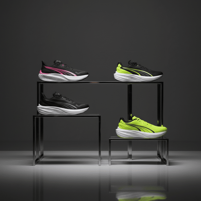 Trio Puma: Scend Pro 2, Skyrocket Lite e Darter Pro lado a lado, destacando leveza, ventilação e estabilidade para iniciantes — tênis de entrada Puma 2025