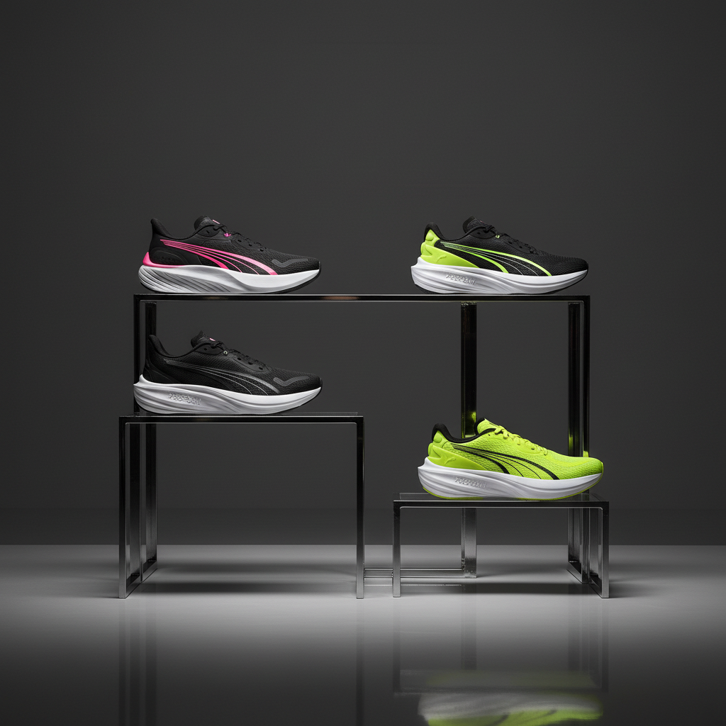 Trio Puma: Scend Pro 2, Skyrocket Lite e Darter Pro lado a lado, destacando leveza, ventilação e estabilidade para iniciantes — tênis de entrada Puma 2025