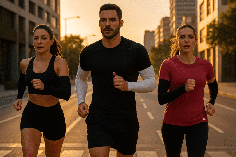 Manguitos N1, Kanxa e Trifil para corrida e ciclismo, oferecendo proteção solar, conforto e desempenho em atividades ao ar livre