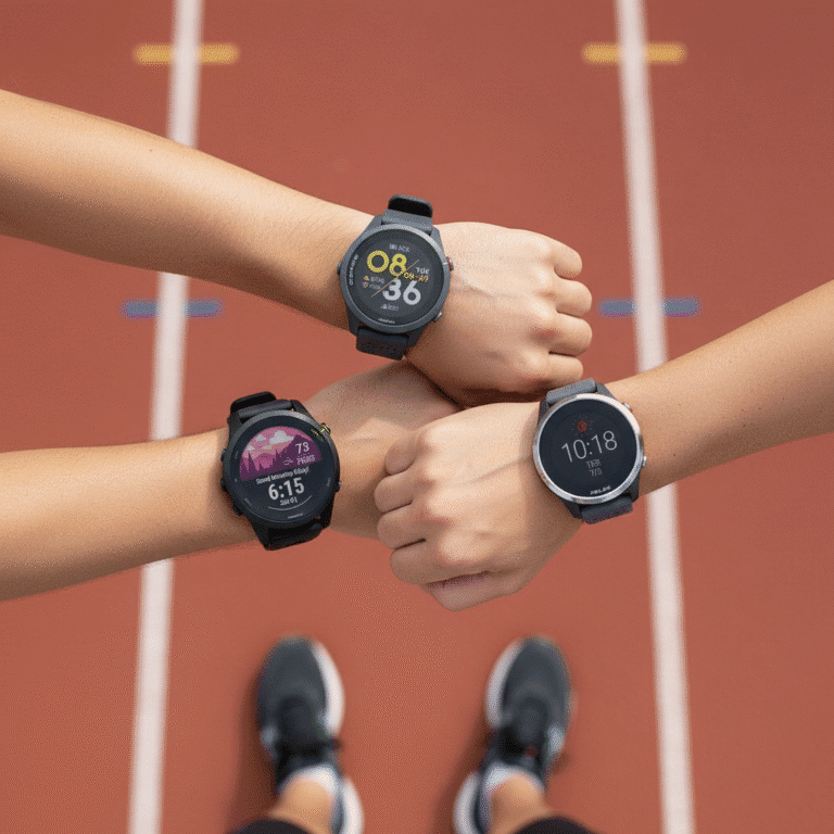 Garmin Forerunner 255 Music, COROS Pace 3 e Polar Pacer Pro lado a lado, destacando música offline, bateria longa e potência no pulso — relógios de corrida 2025