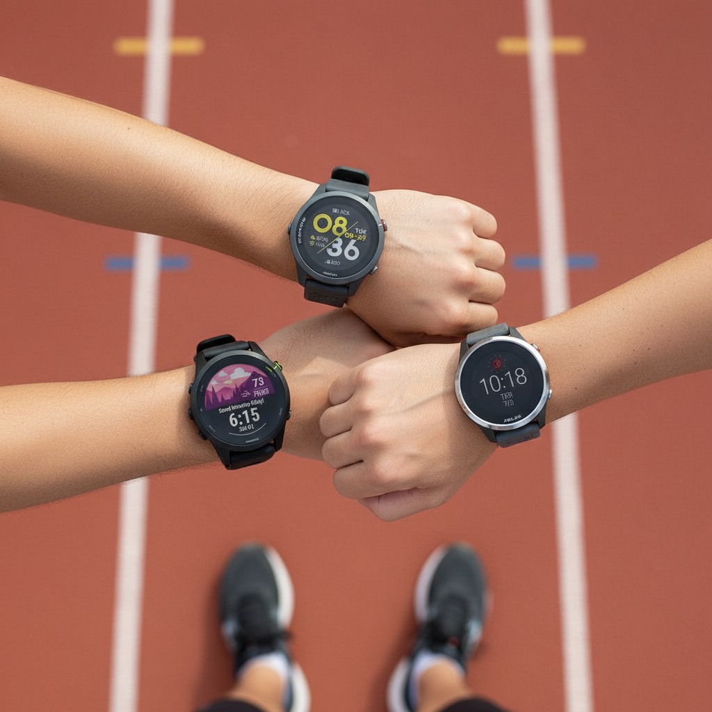 Garmin Forerunner 255 Music, COROS Pace 3 e Polar Pacer Pro lado a lado, destacando música offline, bateria longa e potência no pulso — relógios de corrida 2025